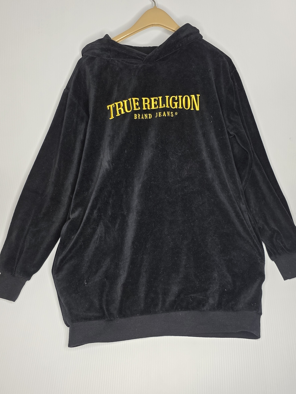 True Religion Black Velour Arched Logo Streetwear Hoodie Dress Size S